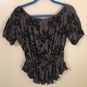 Free People Shades of Cool Black and Gray Floral Off the Shoulder Cinch Waist SM